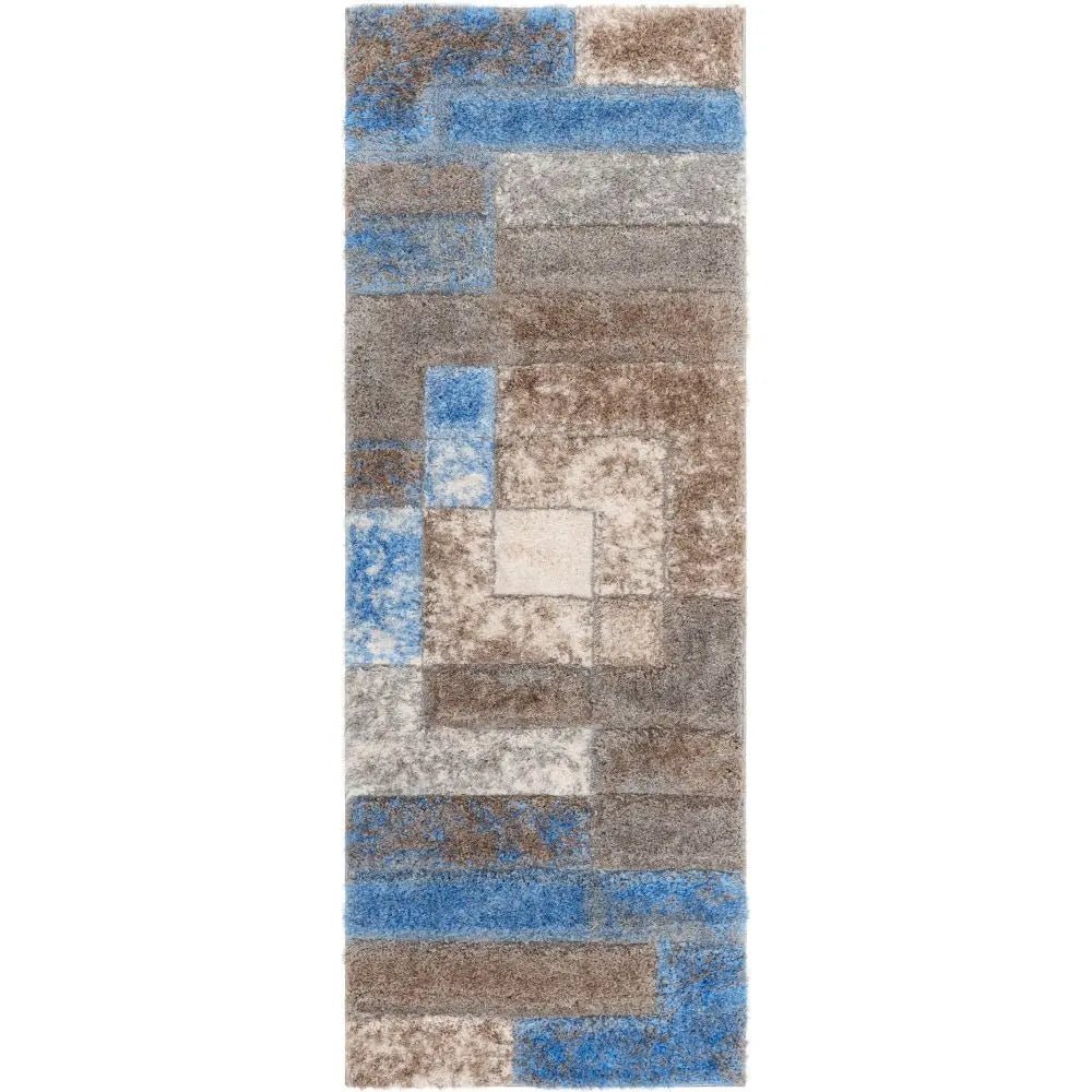 Kenzo Retro Geometric Pattern 3D Textured Shag Grey Light Blue Rug Well Woven
