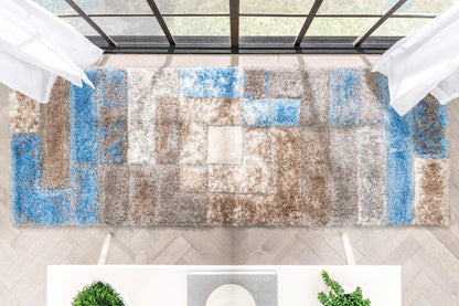 Kenzo Retro Geometric Pattern 3D Textured Shag Grey Light Blue Rug Well Woven